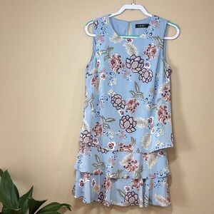 Lauren Ralph Lauren Light Blue, Tan, Red Floral Tiered Dress, 8